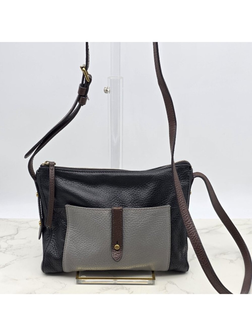 Fossil Crossbody Bag Womens Gemma Black Pebbled Leather Colorblock Zip Timeless - Picture 1 of 16